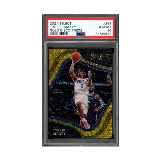 Tyrese Maxey 2021 Panini Select Basketball Gold Disco Prizm Courtside /10 PSA 10
