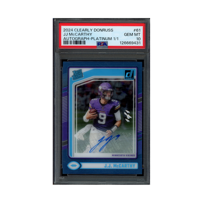 JJ McCarthy 2024 Panini Clearly Donruss Rated Rookie Auto Platinum 1/1 PSA 10