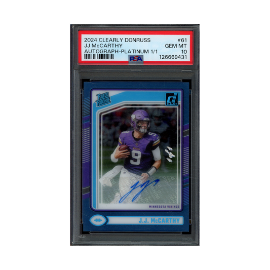 JJ McCarthy 2024 Panini Clearly Donruss Rated Rookie Auto Platinum 1/1 PSA 10