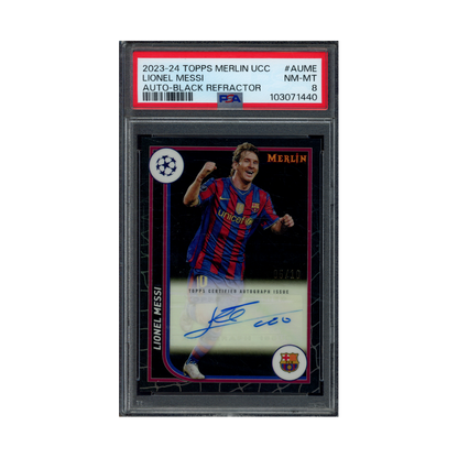 Lionel Messi 2023-24 Topps Merlin UCC Auto Black Refractor /10 PSA 8