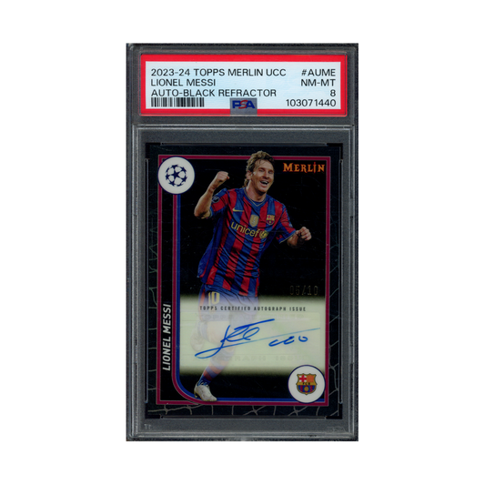 Lionel Messi 2023-24 Topps Merlin UCC Auto Black Refractor /10 PSA 8