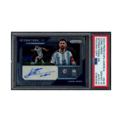 Lionel Messi 2024 Panini Prizm Copa America International Ink Auto PSA 10/10
