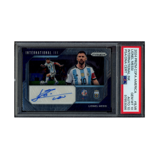Lionel Messi 2024 Panini Prizm Copa America International Ink Auto PSA 10/10