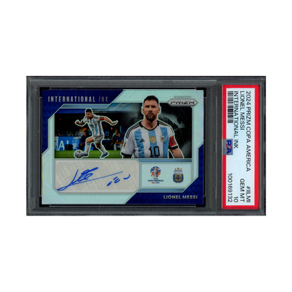 Lionel Messi 2024 Panini Prizm Copa America International Ink Auto /99 PSA 10