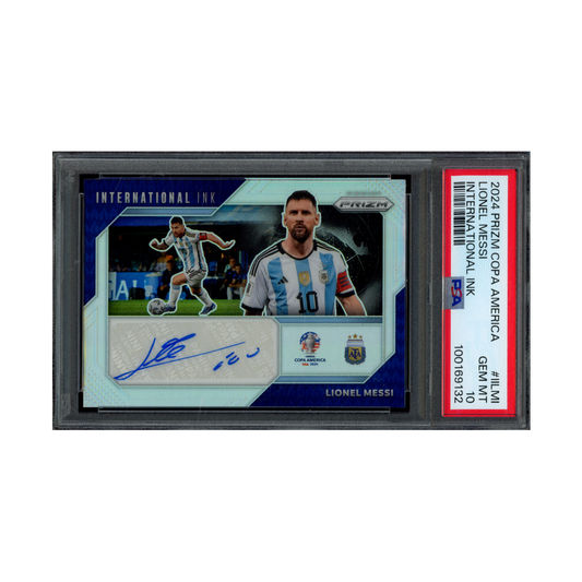 Lionel Messi 2024 Panini Prizm Copa America International Ink Auto /99 PSA 10
