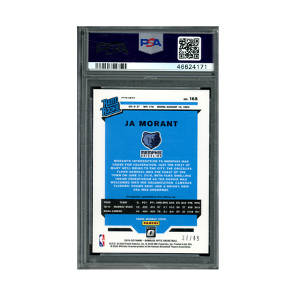 Ja Morant 2019 Panini Donruss Optic Basketball Rated Rookie Auto Blue /49 PSA 9
