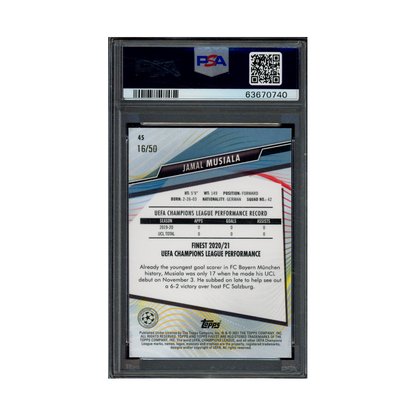 Jamal Musiala 2020 Topps Finest UCL Gold Refractor Rookie /50 PSA 10