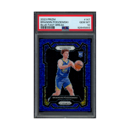 Brandin Podziemski 2023 Panini Prizm Basketball Blue Fast Break Prizm Rookie /150 PSA 10