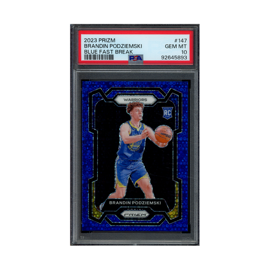 Brandin Podziemski 2023 Panini Prizm Basketball Blue Fast Break Prizm Rookie /150 PSA 10