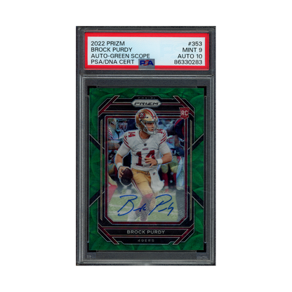 Brock Purdy 2022 Panini Prizm Football Rookie Auto  Green Scope /75 PSA 9/10