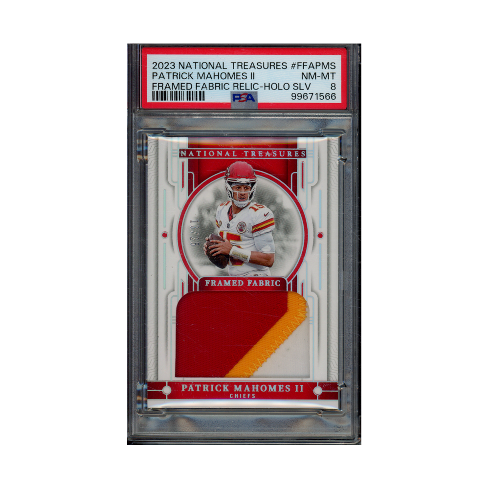 Patrick Mahomes 2023 Panini National Treasures Football Framed Fabric Patch Holo Silver /25 PSA 8