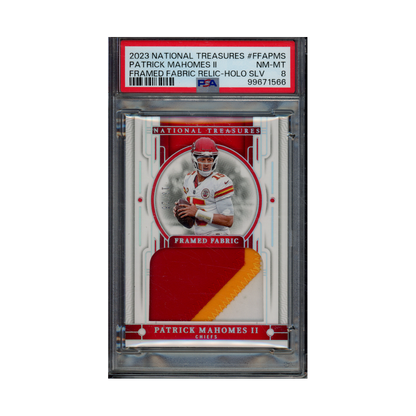 Patrick Mahomes 2023 Panini National Treasures Football Framed Fabric Patch Holo Silver /25 PSA 8