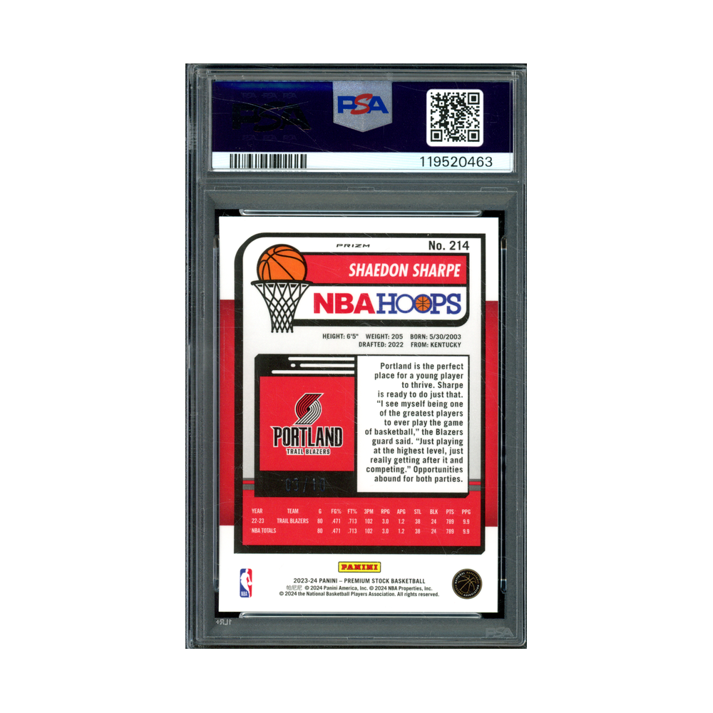 Shaedon Sharpe 2023 Panini Hoops Premium Stock Basketball Gold Ice Prizm /10 PSA 10