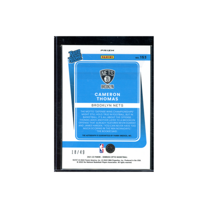 Cameron Thomas 2021-22 Panini Donruss Optic Basketball Rated Rookie Auto Blue /49