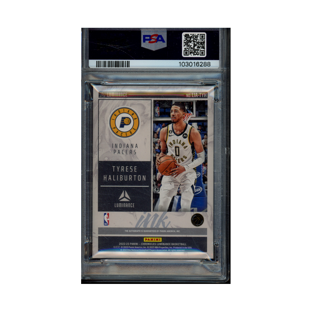 Tyrese Haliburton 2022 Panini Chronicles Basketball Luminance Ink Auto Purple /49 PSA 10