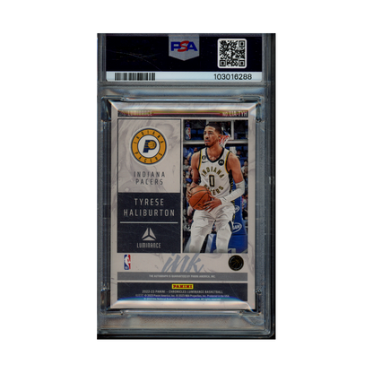 Tyrese Haliburton 2022 Panini Chronicles Basketball Luminance Ink Auto Purple /49 PSA 10