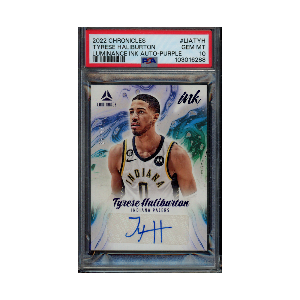 Tyrese Haliburton 2022 Panini Chronicles Basketball Luminance Ink Auto Purple /49 PSA 10