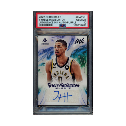 Tyrese Haliburton 2022 Panini Chronicles Basketball Luminance Ink Auto Purple /49 PSA 10