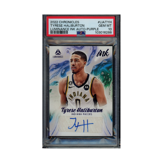 Tyrese Haliburton 2022 Panini Chronicles Basketball Luminance Ink Auto Purple /49 PSA 10