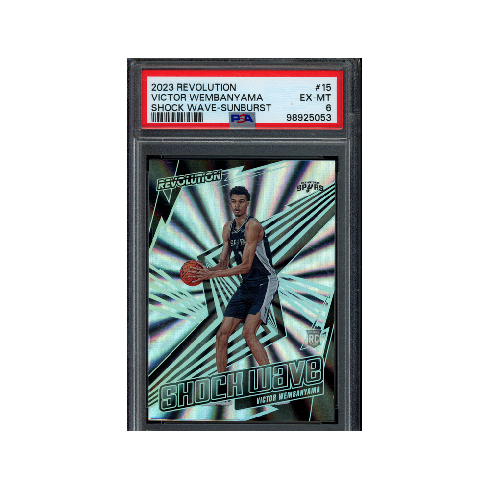 Victor Wembanyama 2023 Panini Revolution Basketball Shock Wave Sunburst Rookie /75 PSA 6