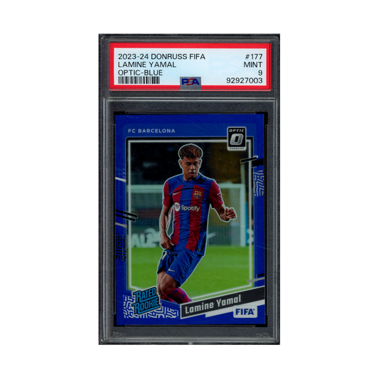 Lamine Yamal 2023-24 Panini Donruss Fifa Rated Rookie Optic Blue /99 PSA 9