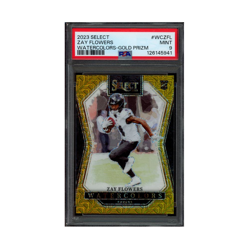 Zay Flowers 2023 Panini Select Football Watercolors Gold Prizm Rookie /10 PSA 9