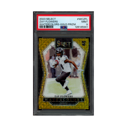 Zay Flowers 2023 Panini Select Football Watercolors Gold Prizm Rookie /10 PSA 9