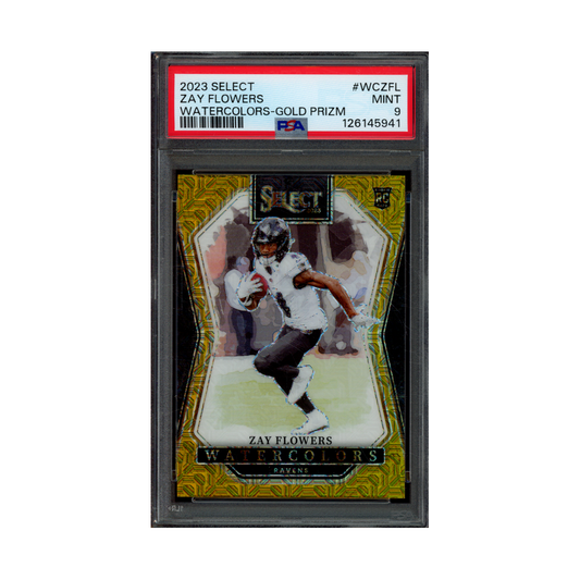 Zay Flowers 2023 Panini Select Football Watercolors Gold Prizm Rookie /10 PSA 9